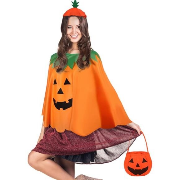 Adult Halloween Pumpkin Costume Set Pumpkin Cloak Poncho with‎ Candy Bag Hat - Picture 7 of 7